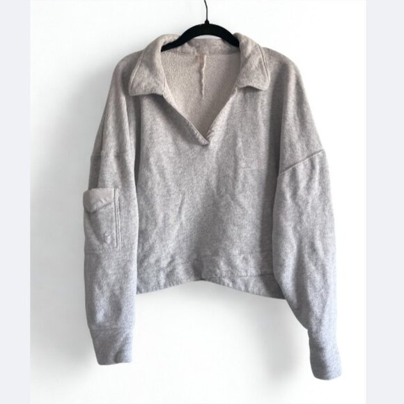 Free People Movement Grey Collared Sweatshirt L Crossover Waist Athleisure Cozy - Picture 3 of 8
